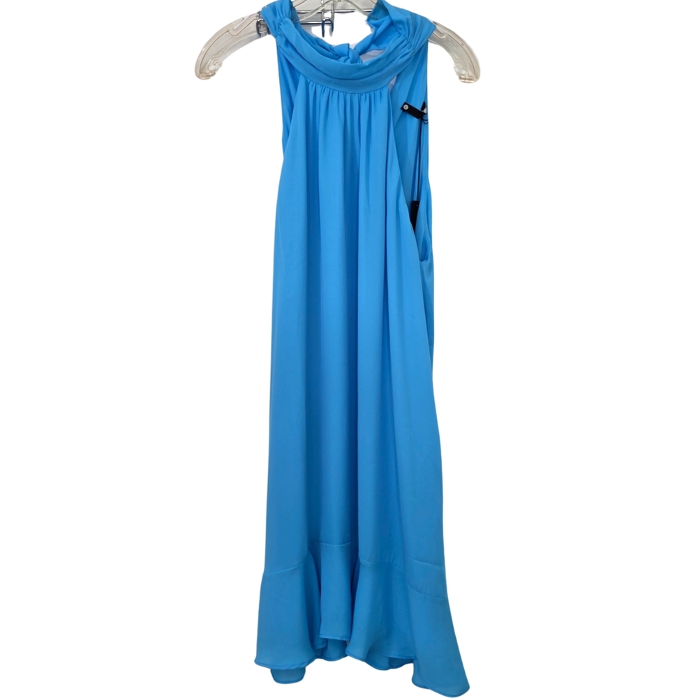 Krisa Ruffle Hem Turtleneck Mini Dress Blue Chiffon Size Large